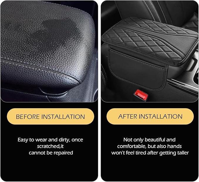 Car Center Console Cover, Leather Vehicle Armrest Protector Cushion with 2 Side Storage Bags, Auto Breathable Middle Interior Accessories, Universal for SUV, Sedan, Truck (Black)