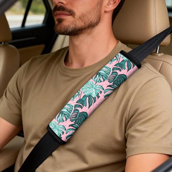 Qeluxign Monstera Leaf Car Seat Cover Set with Armrest Cover Cushion PU Automotive Car Cover and Seat Belt Shoulder Straps Pad, Universal Fit for Truck Sedan SUV, Pack of 5