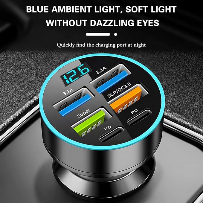 6 Ports 66W Car Charger, 12-24V Super Fast Charging with USB 3.1A PD&QC 3.0 with LED Voltmeter for Cigarette Lighter Plug, Compatible with All Smartphone, Universal Auto Accessories