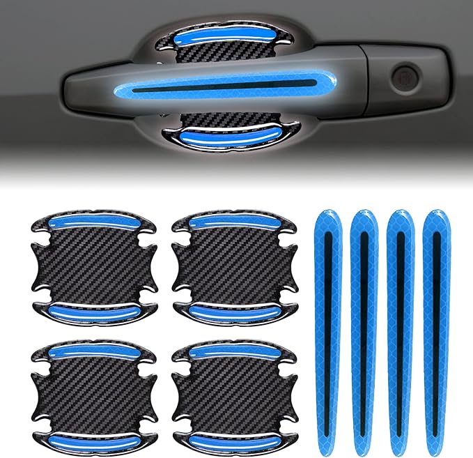 8Pcs 3D Car Door Handle Cup Protector, Reflective Stripe Stickers Anti-Scratch Universal Protector Suitable for Cars, Trucks, SUVs (Blue)
