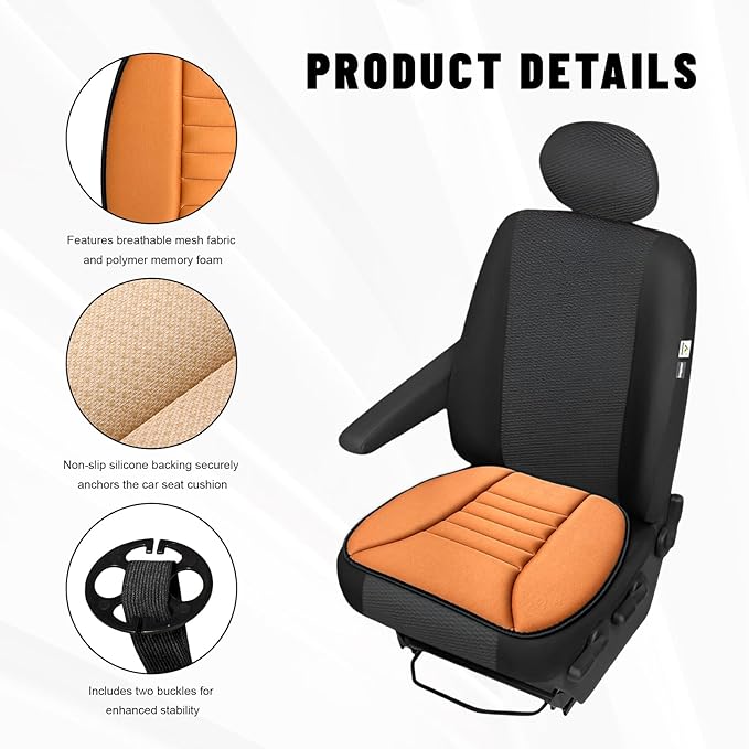 Sun Walker Car Seat Cushion, 1.2" Thick Memory Foam Auto Seat Protector Pressure Relief Pad, Nonslip Bottom Mat Comfort Driving Seats Cover for Truck SUV Sedan, Car Accessories (Orange)