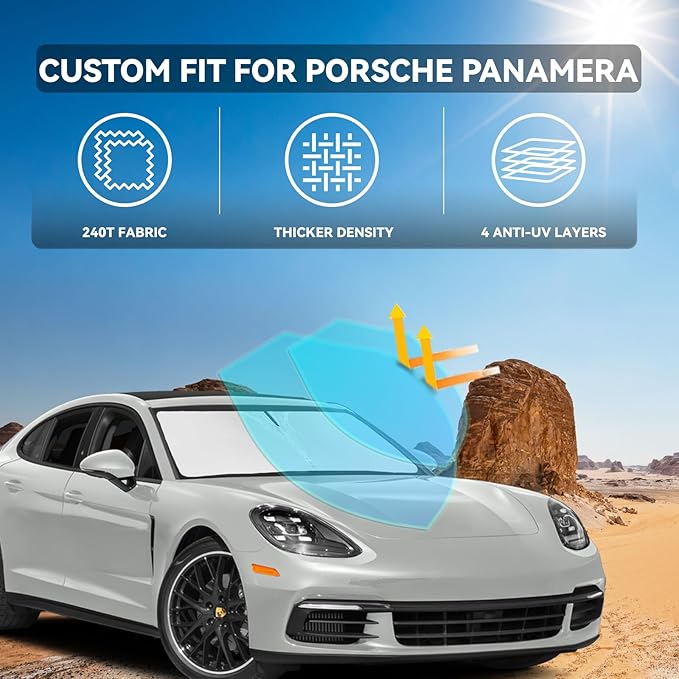 for Porsche Panamera 2017-2025 Windshield Sun Shade - 4 Layers Car Sunshades for Front Windows Shade Cover Custom Fit Panamera Sun Visor 240T Retractable Shade Blocks UV Rays Car Accessories