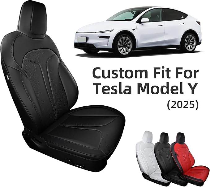 OURPLOT Custom Fit Seat Covers for 2025 2026 Tesla Model Y Juniper (5-Seater), Waterproof Breathable Nappa Leather, OEM Factory Style Full Set Car Seat Protectors Airbag Compatible - Black