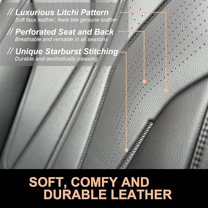PINCTROT Car Seat Covers Front Set, Breathable Soft Pebbled Leather, Luxury Waterproof Seat Cushion, Airbag Compatible, Seat Protector Universal Fit Most Cars (Front Set, All Black)