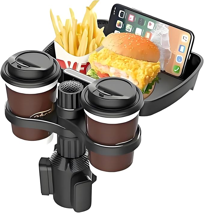 Car Cup Holder Expander, 4in1 Universal Cup Holder Tray Compatible with 2.3" to 3.6", Multi Cup Holders Table with Large Food Tray Swivel and Detachable for Travel Auto Trucker Road Trip Essentials