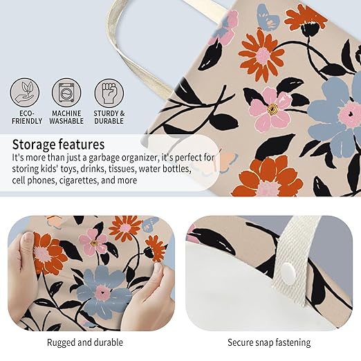 AUEKLLW Car Trash Can, Hanging Garbage Bin for Men and Women, Cute Car Organizer and Storage Bag, Canvas Vehicle Trash Can Bag Easy-to-Install Boho Red and Blue Floral