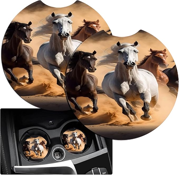 JANENFNA Car Armrest Cover Pads Universal Fashion Cute Auto Center Console Armrest Cover Pad with 2PCS Car Coasters Soft Waterproof Car Armrest Seat Protector for Women,Horses