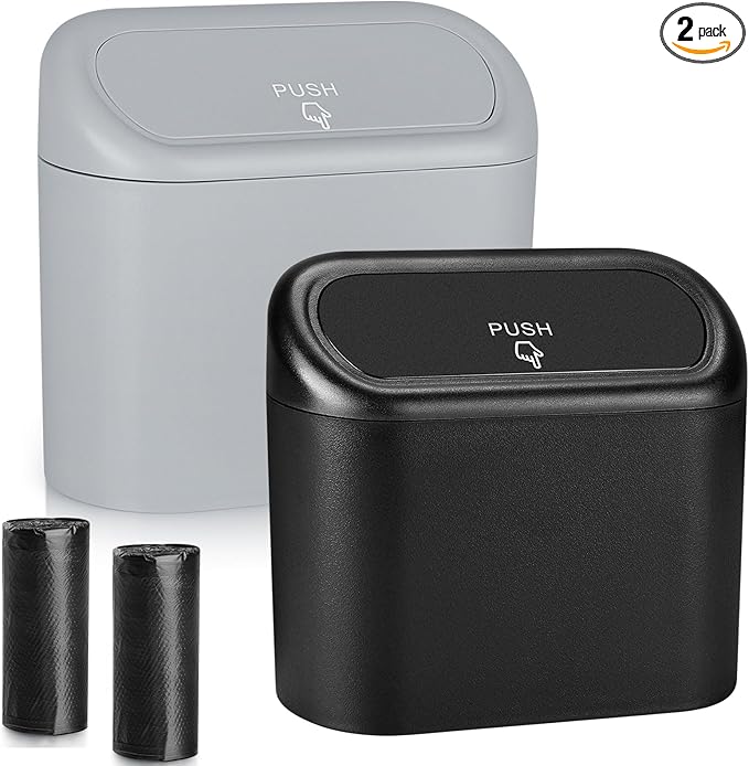 Accmor Car Trash Can, 2 Pack Mini Vehicle Dustbin with Lid, Leakproof Auto Garbage Accessories Organizer Bin with 60 Pcs Trash Bags for Car for Truck, Home, Office
