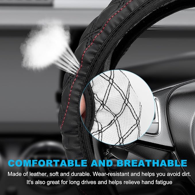 Car Steering Wheel Cover, 15 Inches Non-Slip Leather Car Steering Wheel Protector, Universal Steering Wheel Soft Cover Mats for Car Truck SUV, Interior Car Accessories (Black)