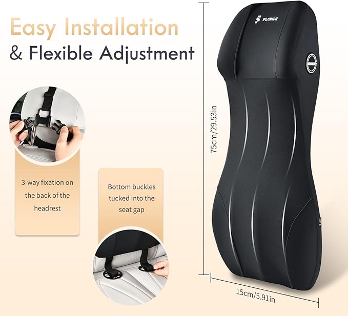 FLORICH Memory Foam Car Lumbar Support with Headrest Pillow 2-in-1 Car Seat Headrest & Lumbar Cushion Ergonomic Back Support Pillow Seat Cushion for Car Seat Driving Neck Back Pain Relief, Black
