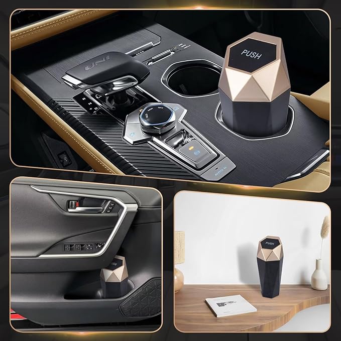 Car Trash Can, 2 Pack Car Trash Bin with Lid, Car Accessories for Women Interior, Car Garbage Can with Additional 2 ABS Hooks and 60pcs Trash Bags, Suitable for Home, Office, Car Organizer, Gold