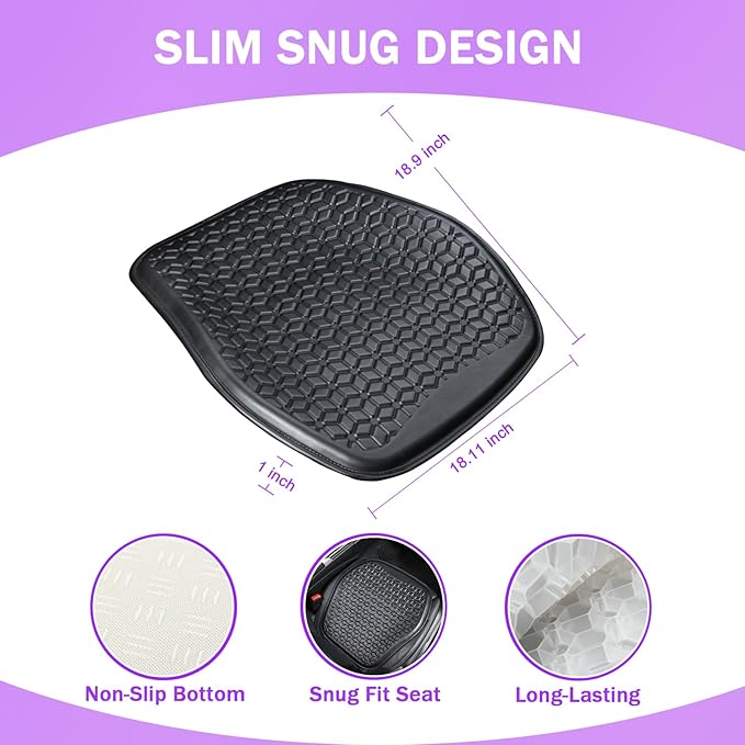 Thin Gel Seat Cushion for Car Seat, Office Chair, Wheelchair, Golf Cart - Non-Slip Car Seat Cushions with 0.7 Inch Gel - Sciatica & Coccyx Pain Relief (Leather, Black)
