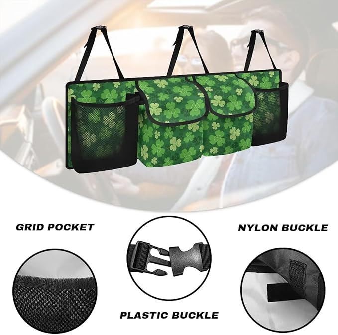 Green Lucky Leaf Car Trunk Organizer, St. Patrick's Day Hanging Seat Back Storage Organizer with Large Pockets, Space-Saving Backseat Car Organizer, Large Capacity Collapsible Bag