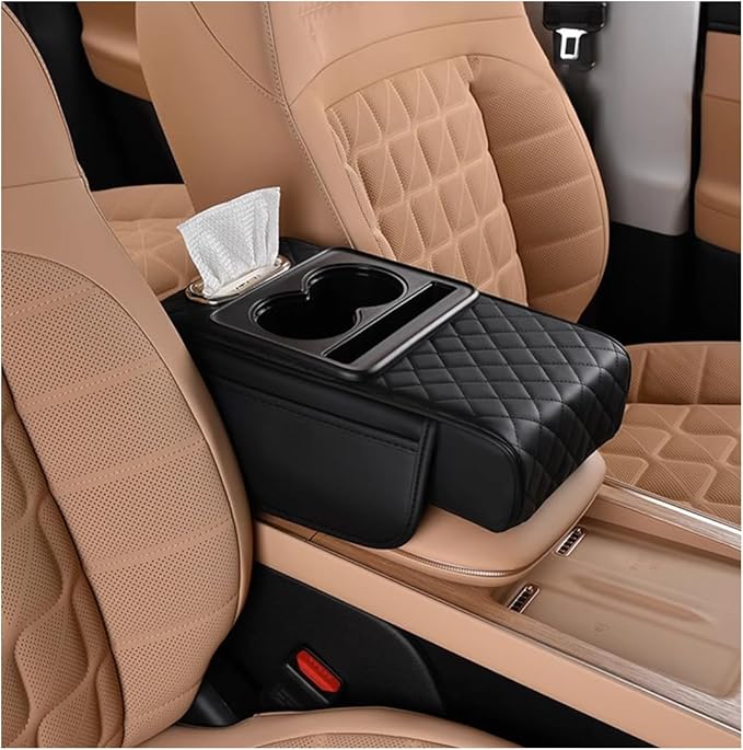 HZEL Car Center Console Cover, Leather Vehicle Armrest Cushion with Storage Bags, Cup Holder ＆ Tissue Box, Waterproof Auto Interior Arm Rest Seat Box Pad, Universal Fit (Black)