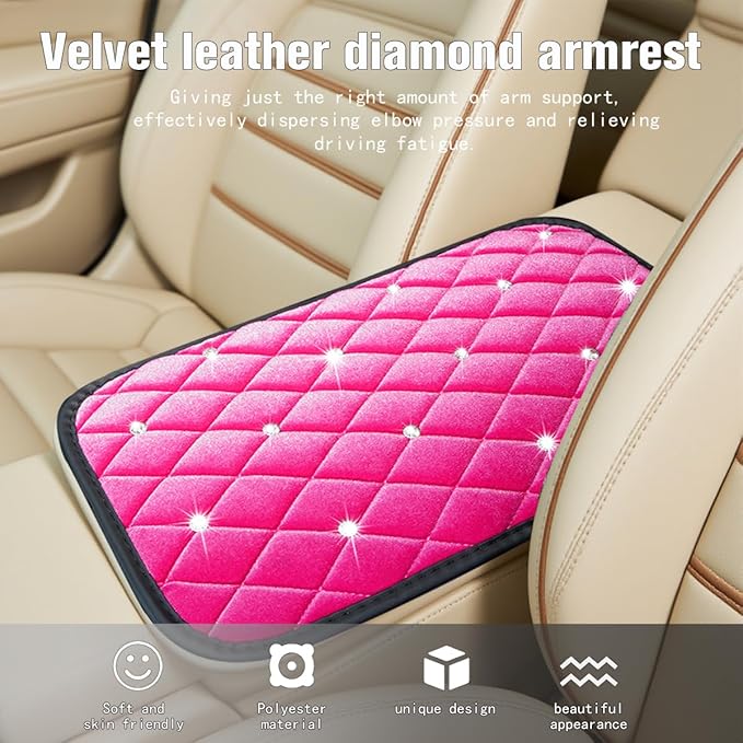 HZEL Bling Car Center Console Cover, Crystal Rhinestone Velvet Soft Vehicle Seat Armrest Box Protector Cushion, Comfortable Diamond Auto Arm Rest Mat Pad, Universal for Truck SUV Sedan (Rose Red)