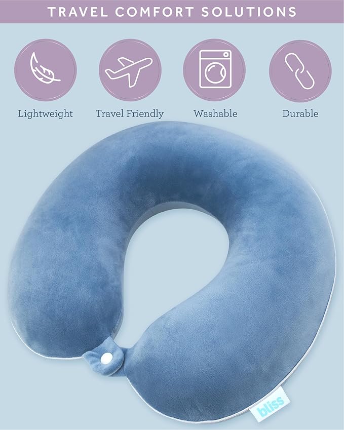 Bliss Neck Pillow - Lightweight U-Shaped Memory Foam Travel Neck Pillow with Snap Closure for Airplanes, Traveling, Offices, Cars, Coastal Blue Fleece