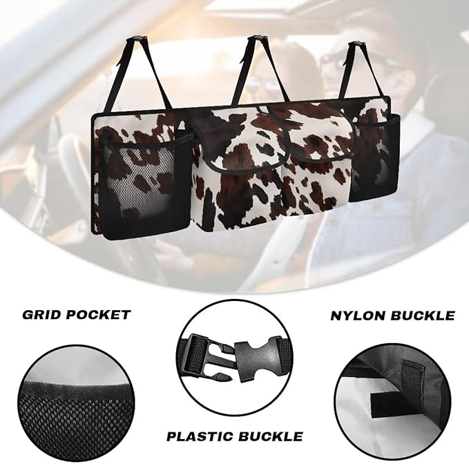 SEANATIVE Black Cow Print Car Trunk Organizer and Storage, Large Capacity Backseat Hanging Storage Car Accessories, Collapsible Backseat Car Organizer for SUV/MPV/Truck