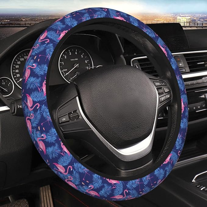 Pink Flamingos Palm Leaves Steering Wheel Cover for Women Men Girls, Accessories Decor Thickened Anti-Slip Auto Steering Wheel Covers Protector Universal Fit 15 Inch for Cars, Truck, SUV