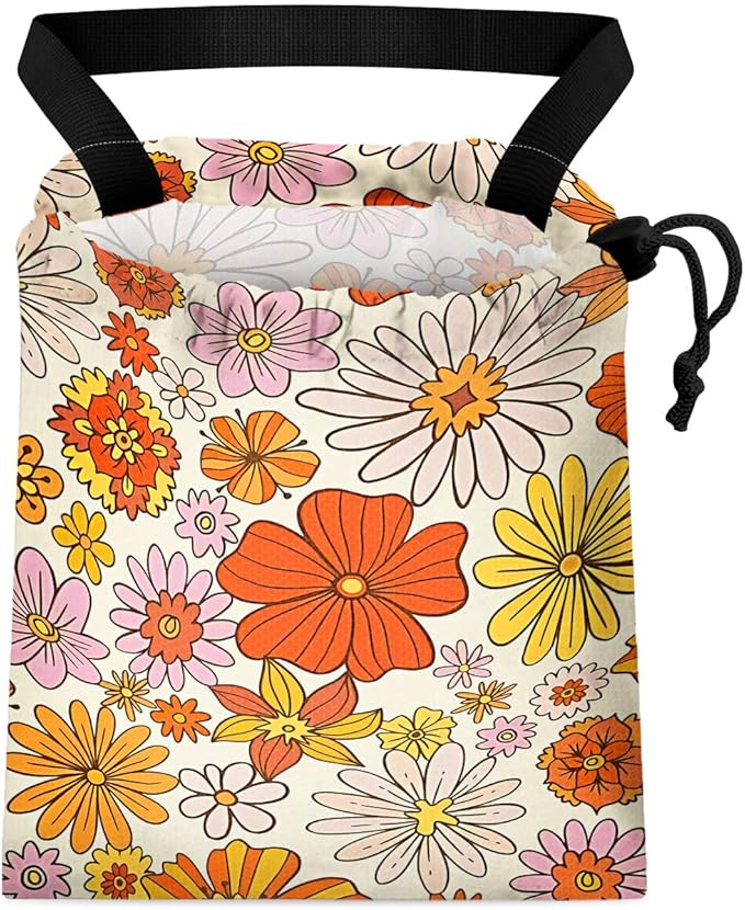 GEGEPINK Car Trash Bag Hanging Back of Seat Waterproof Small Cute Printed One-Handed Strap Drawstring Garbage Bags for Car-Colorful Flower