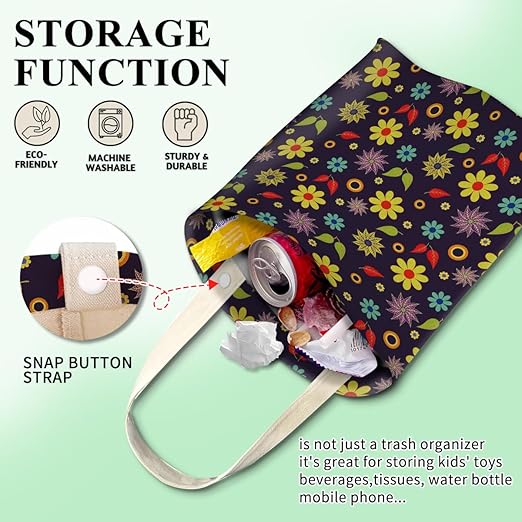 Car Trash Can, Cute Car Trash Bag, Hanging Car Organizer and Storage Bag, Trash Bin for Car Accessories, Vehicle, Travelling, Camping Cute Purple Yellow Flower