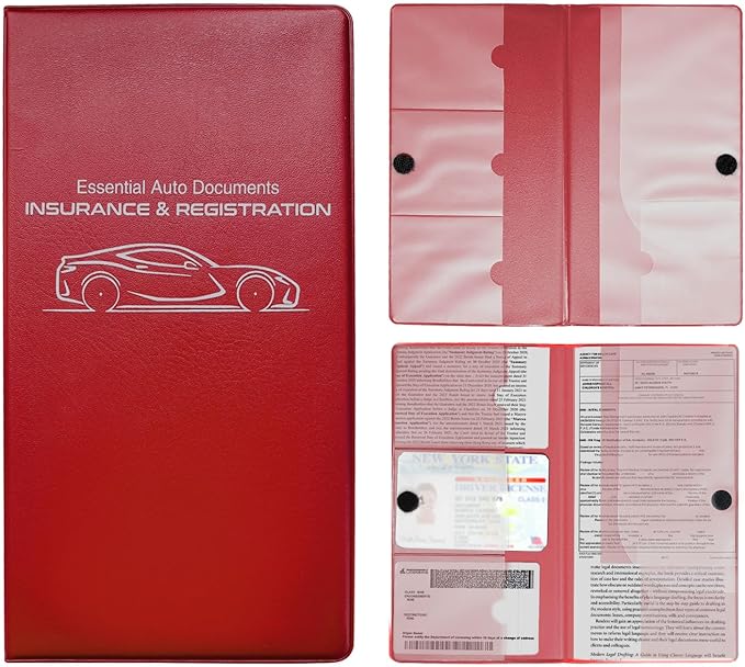Car Registration and Insurance Holder, 10.39''×9.56'' Essential Auto Card Document Glove Box Organizer with Closure, Car Interior Accessories (Red, Small Car)