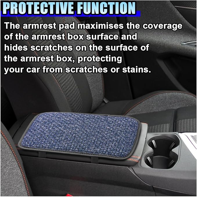 Car Center Console Armrest Pad, Linen Fabric Auto Armrest Box Protector Cover, 11.6 × 7.7 Inch Vehicle Middle Console Mat, Universal Interior Decoration Accessory for Car, SUV, Truck (Blue)