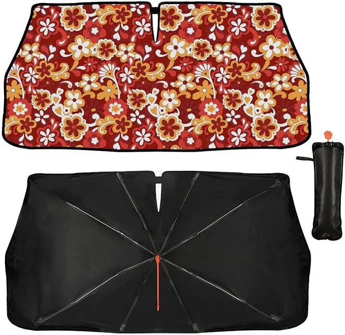 DOPINDU 60s 70s Flowers Car Windshield Sun Shade Umbrella Bendable Handle Foldable Funny Sunshade for Car Windshield Block UV Rays Keep Vehicle Cool for Most Sedans SUV Trucks Cars 57"x30"