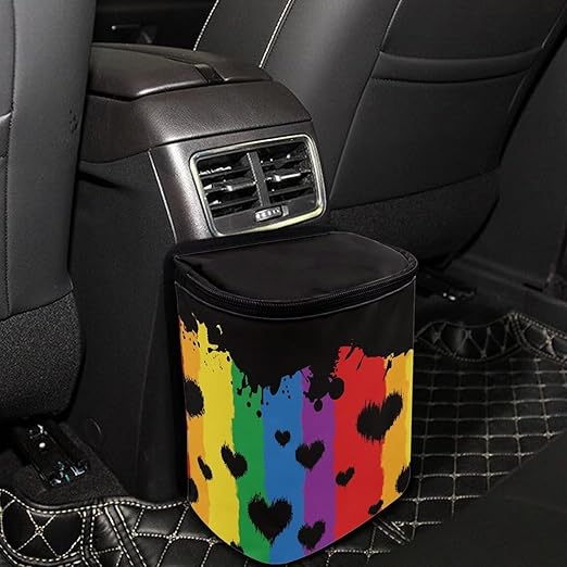 Rainbow Stripes Love Hearts Auto Car Trash Can Rainbow Flag LGBTQ Car Garbage Bag with Lid Washable Leak Proof Car Trash Bin Hanging for Women Men