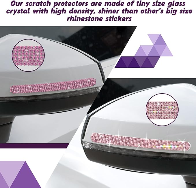 10PCS Car Door Handle Bling Rhinestones Stickers Universal Auto Door Handle Scratch Cover Guard Protective Film Pad with Safety Reflective Strips, Pink