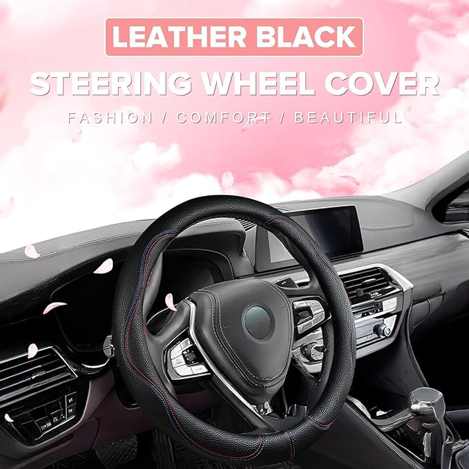 Black Car Steering Wheel Cover, Slip-Proof Breathable Comfort PU Leather Cute Universal Protector Cars Interior Accessories for Women Girl Fit Most Vehicle (Black)