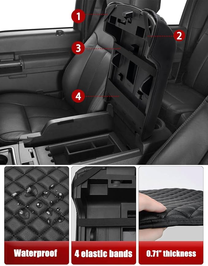 KBH Center Console Cover for Ford F250 F350 F450 F550 2011 2012 2013 2014 2015 2016, Vinyl Leather, Armrest Cushion Pad Protector, Anti-Scratch, Black (Fits Bucket Seat Console Only)
