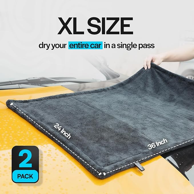 Crystal Clean 2-Pack 1300GSM Microfiber Towels for Cars – XL (36x24) Car Drying Towel with Double Twisted Loop, Professional Detailing Towel for Car Detailers - Quick Dry, Paint Safe & Swirl-Free
