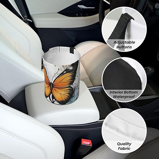 Car Trash Can Hanging, Yellow Butterfly Musical Note Vector Illustration Waterproof Auto Garbage Bin Universal Vehicle Waste Container, 3.5L Capacity