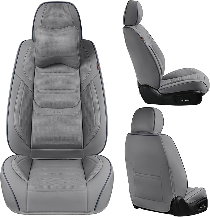 TIEHESYT Leather Seat Covers Front Pair with Lumbar Support & Headrest, Breathable and Waterproof Car Seat Cover, Universal Seat Covers for Cars, Trucks, SUVs, Airbag Compatible, Gray