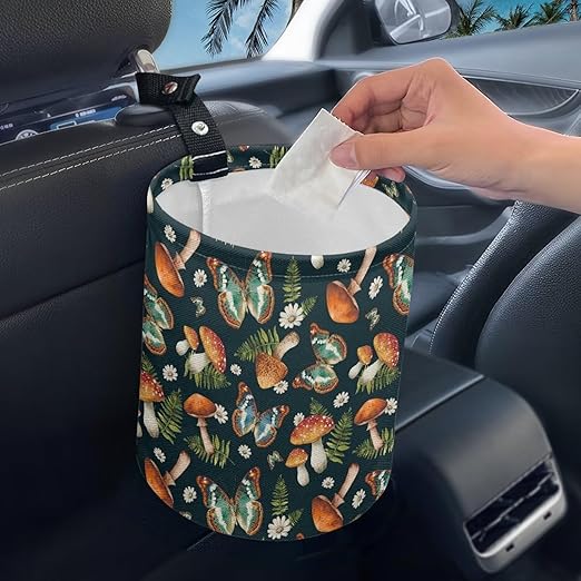 Butterfly Mushroom Cat Car Garbage Can Small Trash Can with Leak Proof Inside Liner and Hanging Strap Car Organizer Portable for Road Trip