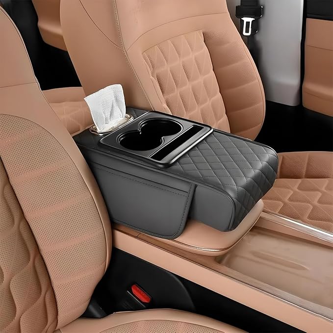 Multifunctional Pu Leather Car Armrest Box Mat With Cup Holders, Universal Armrest Box Pad, With Side Pockets, Easy To Clean Interior Organizer Waterproof For Cars, Trucks, Suvs (Quilted, Gray)