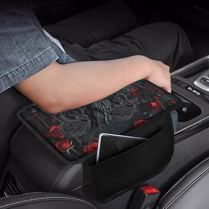 Dreaweet Car Armrest Cover for Women Gothic Crow Car Accessories Center Console Cover Replacement,Universal Arm Rest Cover for Car Console Covers with Pockets for Truck Sedan SUV