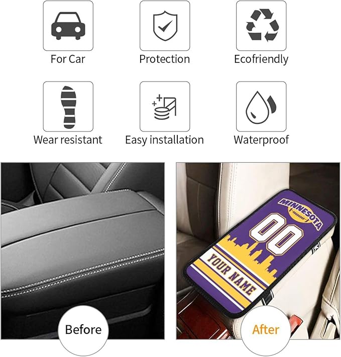 Custom Minnesota Car Armrest Covers Personalized Football Style with Name Number Customized Auto Center Console Pad Car Handrail Box Cushion for Most Vehicle Decor Accessories, Fans Gift