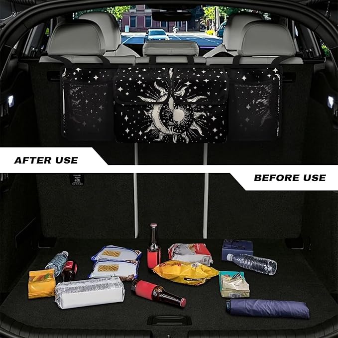 Sun and Moon Car Trunk Organizer, Auto Backseat Hanging Organizer,Equipped with Robust Elastic Net, Car Trunk Tidy Storage Bag with Lids,Space Saving Expert
