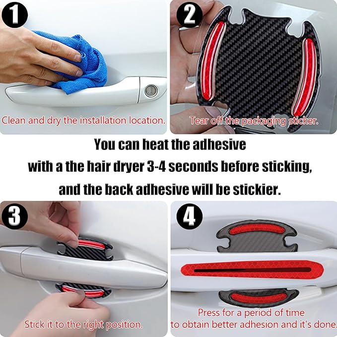 8Pcs Car Door Handle Protector Reflective Sticker,3D Carbon Fiber Universal Door Handle Scratch Protector Cover,Self-Adhesive & Non-Marking,Paint Guard Protective Films (Red)