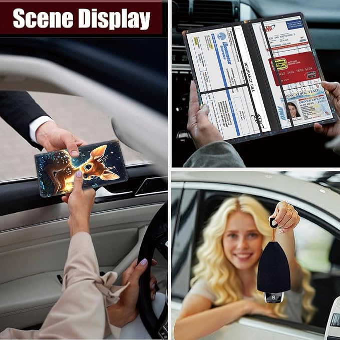 Car Registration Holder, PU Leather Vehicle Glove Box Organizer for Driver License, Document, Car Insurance Holder with Magnetic Shut, Auto Paperwork Wallet Case Accessories, Baby Deer Pattern