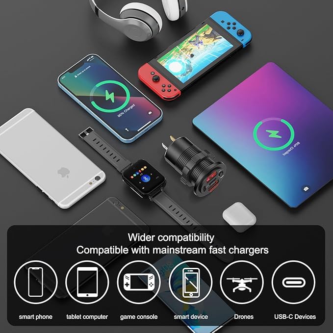 Red 12V USB Outlet Dual PD 30W USB C Port and Dual USB Quick Charge 3.0 Port with Power Switch, 78W Multiport Car Charger Socket Waterproof DIY Accessories for Car Boat Marine Motorcycle RV ATV