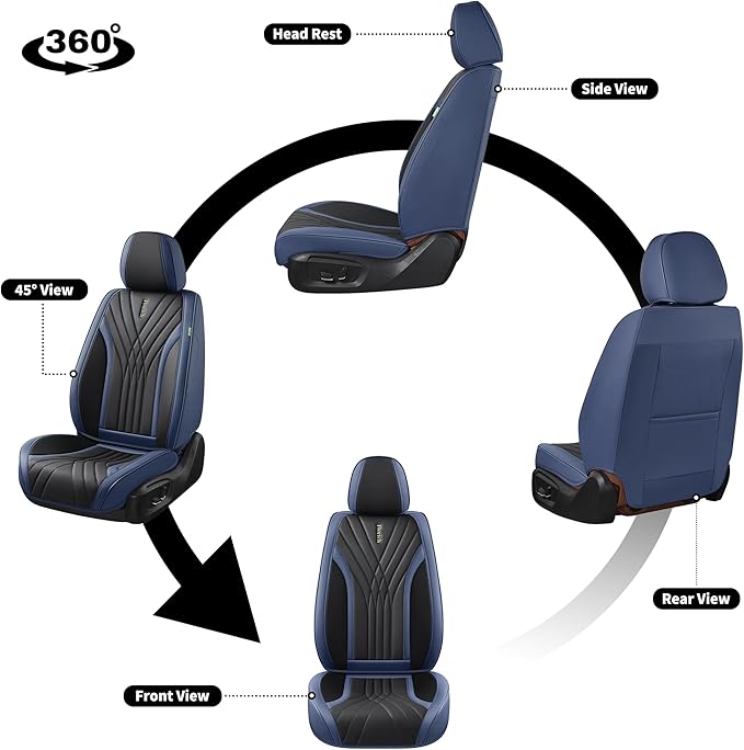 FLORICH Front Seat Covers Seat Covers, Waterproof Seat Cover for Cars, Luxury Leatherette Balck and Blue Car Seat Cushion, Automotive Seat Protector for Sedan SUV Pick-up Truck