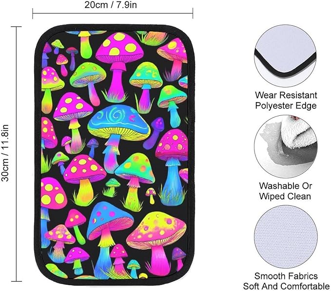 Car Center Console Cover, Neon Mushrooms Pattern Purple Auto Armrest Cushion Pad, Auto Arm Rest Seat Box Cover Universal Fit Vehicles Trucks Decor