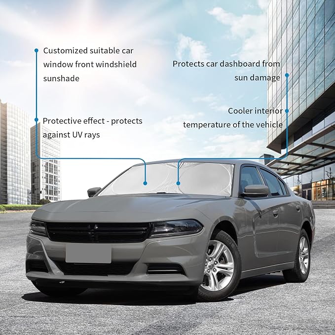 Windshield Sun Shade for 2015-2024 2025 Dodge Challenger Accessories Front Window Sunshade with 210T Sun Visor Protector Blocks UV Rays Heat Sun Shield Keep Car Cooler