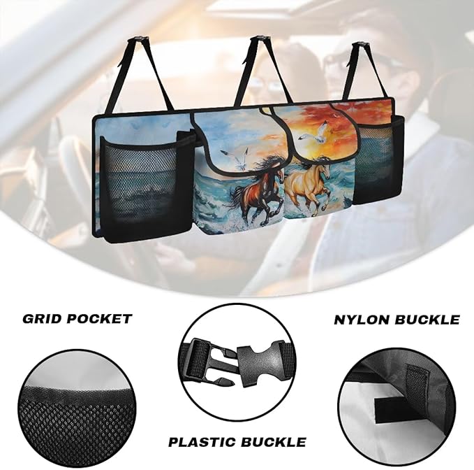 Back Seat Trunk Organizer Running Horses Seagull Hanging Car Organizer Trunk Foldable Cargo Storage with Pockets& 3 Adjustable Straps 37.01x11.81 inch,Car Decoration