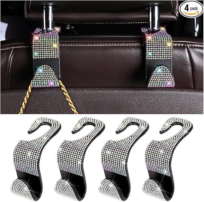 4PCS Bling Car Seat Headrest Hooks, Vehicle Back Seat Purse Handbag Hanging Holder with Crystal Rhinestone, Diamond Storage Organizer Hook, Universal Automotive Accessories (Black/AB)