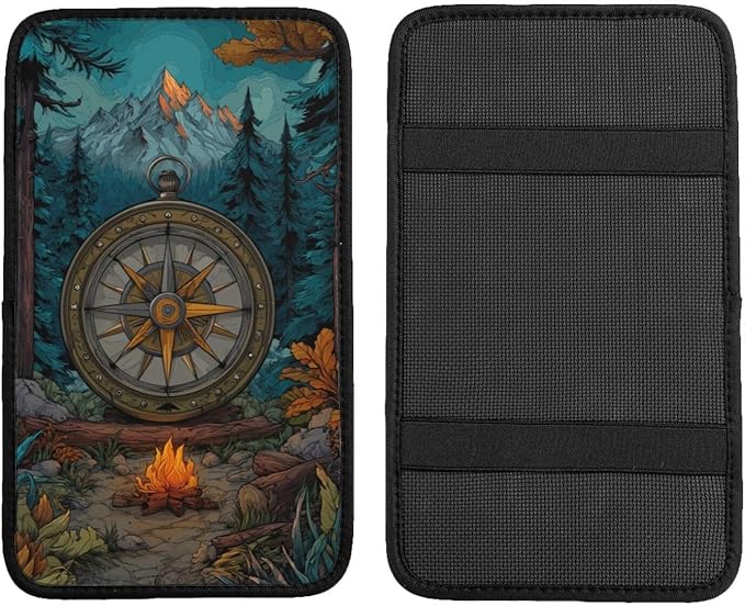 Nature Mountain Compass Center Console Cover Pad, Car Armrest Seat Box Cover Cushion Universal for Most Vehicle SUV Truck, Car Interior Accessories Decor, Protect from Pet Claws & Dirt