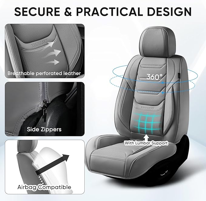 TIEHESYT Leather Seat Covers Front Pair with Lumbar Support & Headrest, Breathable and Waterproof Car Seat Cover, Universal Seat Covers for Cars, Trucks, SUVs, Airbag Compatible, Gray