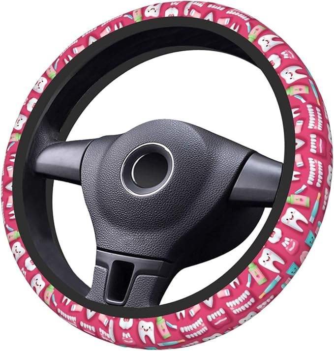 Dentistry Teeth Pattern Car Steering Wheel Cover, 15 Inch Steering Wheel Cover Stylish Decor for Most Cars